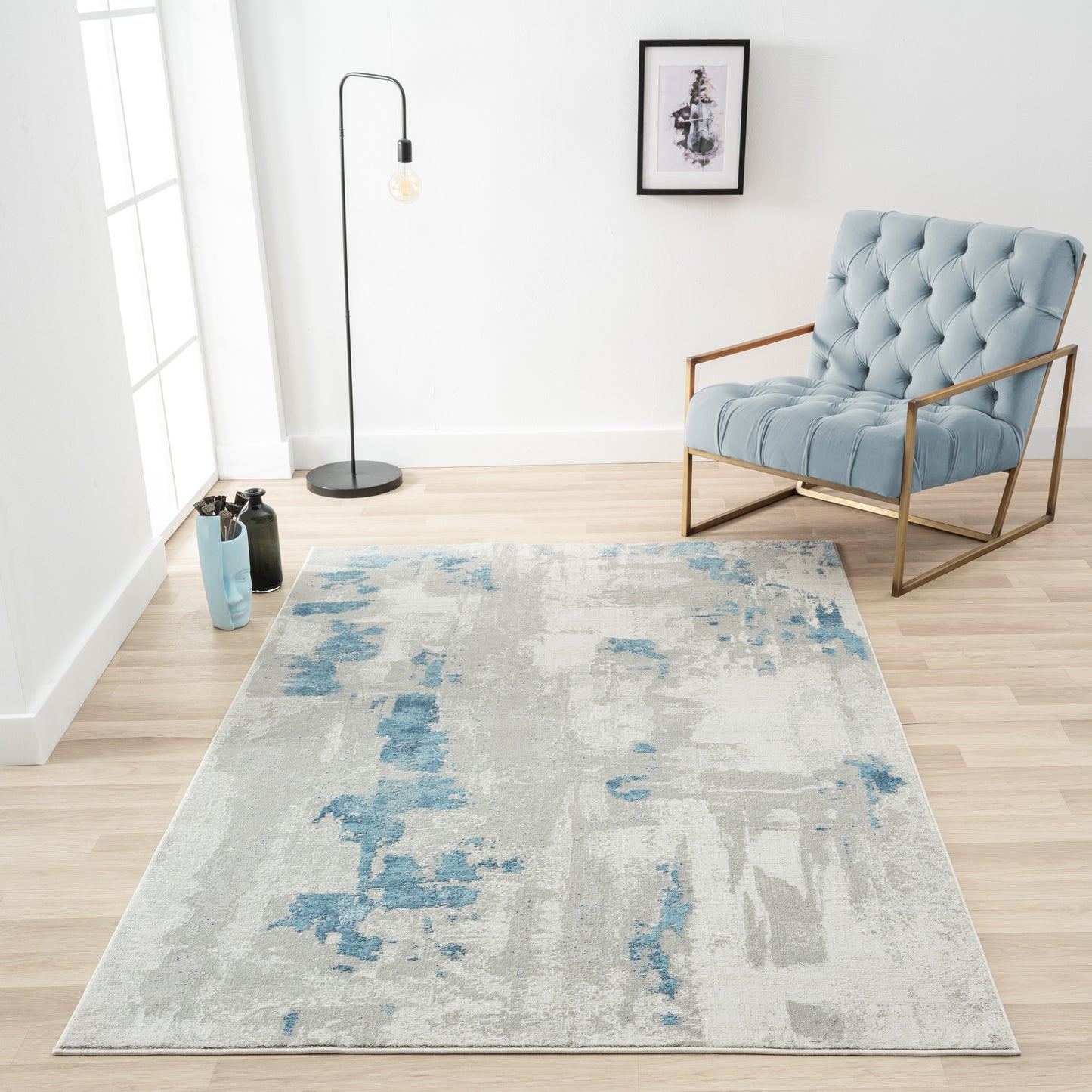 ISABE-81779 Modern/Contemporary Machine Made Ivory/Gray/Blue Polyester Blend Indoor Area Rugs - LR Home