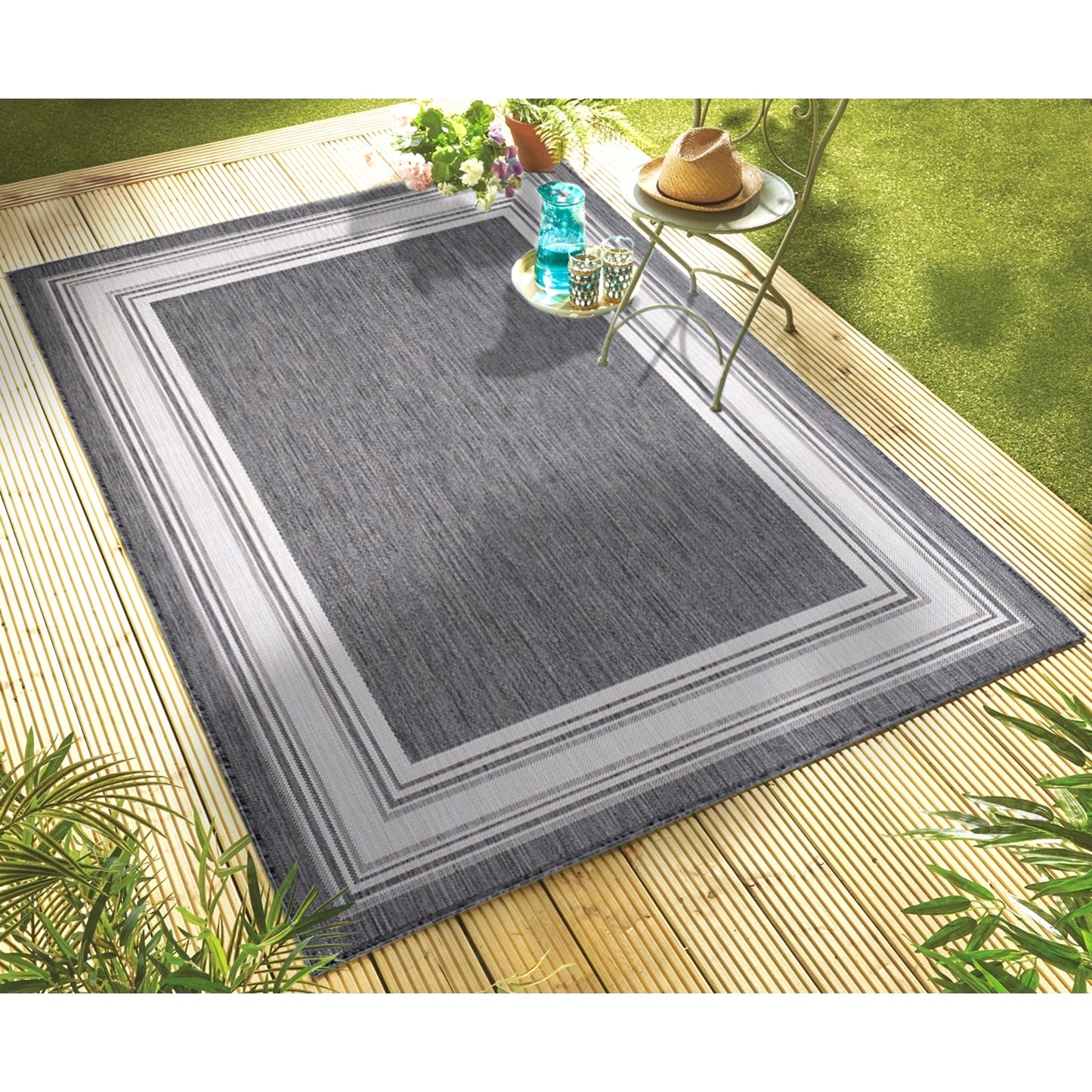 KILIM-81758 Modern/Contemporary Machine Made Anthracite/Gray/White/Cream Poly Blend Indoor/Outdoor Area Rugs - LR Home