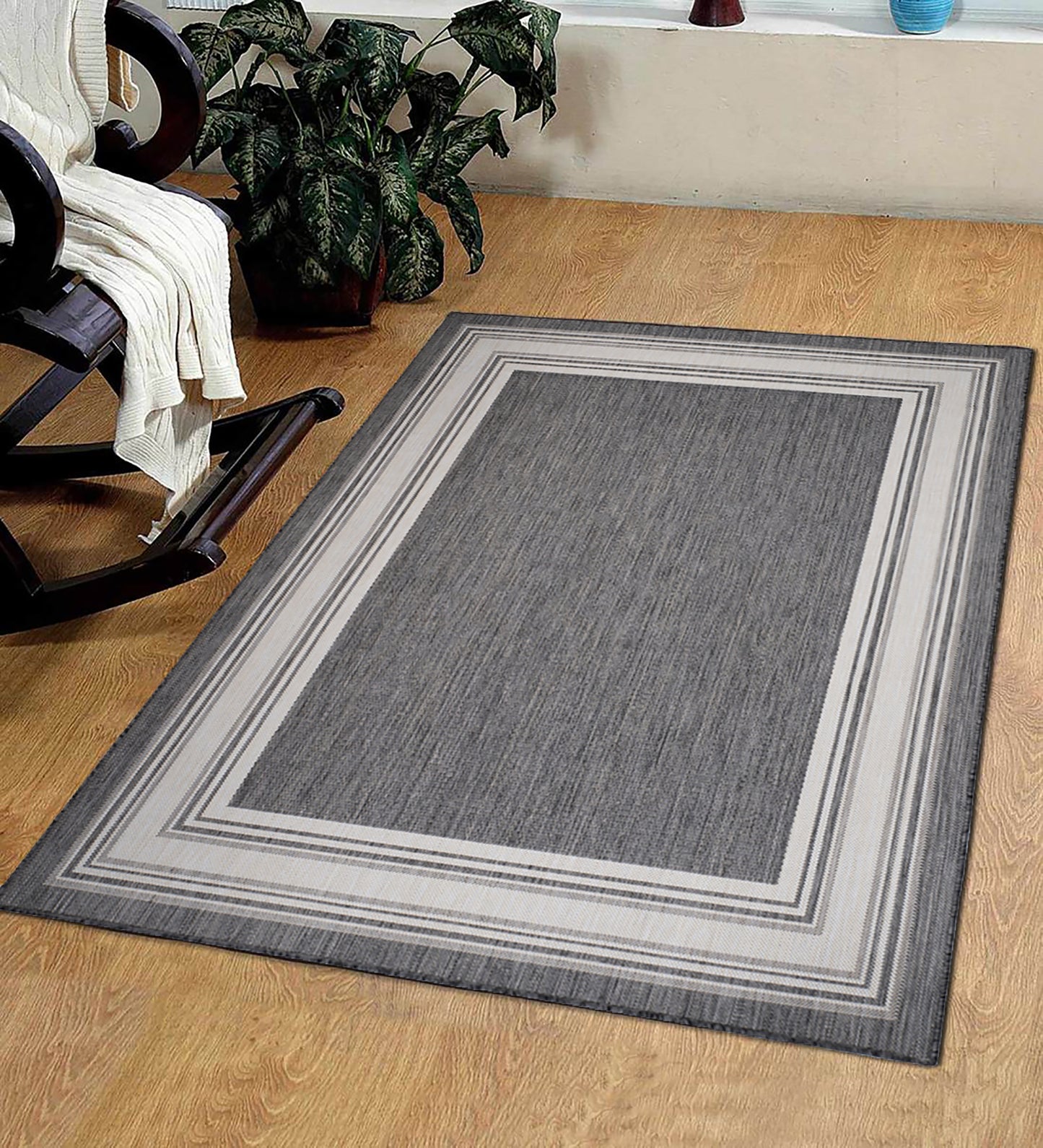 KILIM-81758 Modern/Contemporary Machine Made Anthracite/Gray/White/Cream Poly Blend Indoor/Outdoor Area Rugs - LR Home