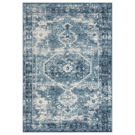 Blue/Ivory Classic Medallion Polyester Washable Indoor Area Rug - Silo view