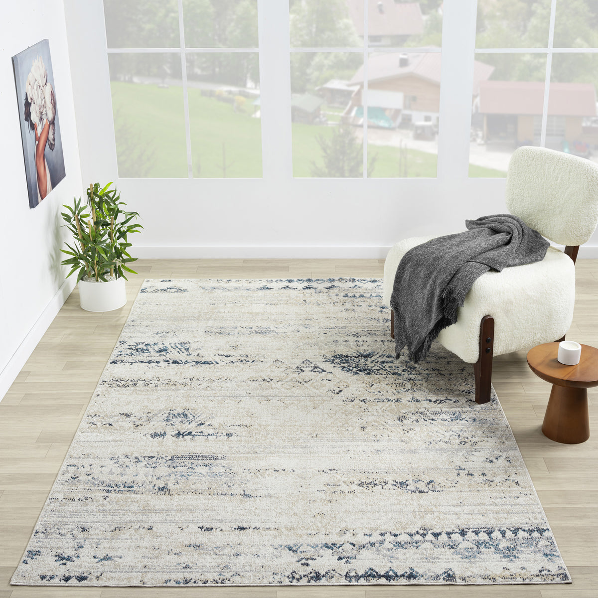 Ivory/Blue Classic Medallion Polyester Washable Indoor Area Rug - lifestyle view