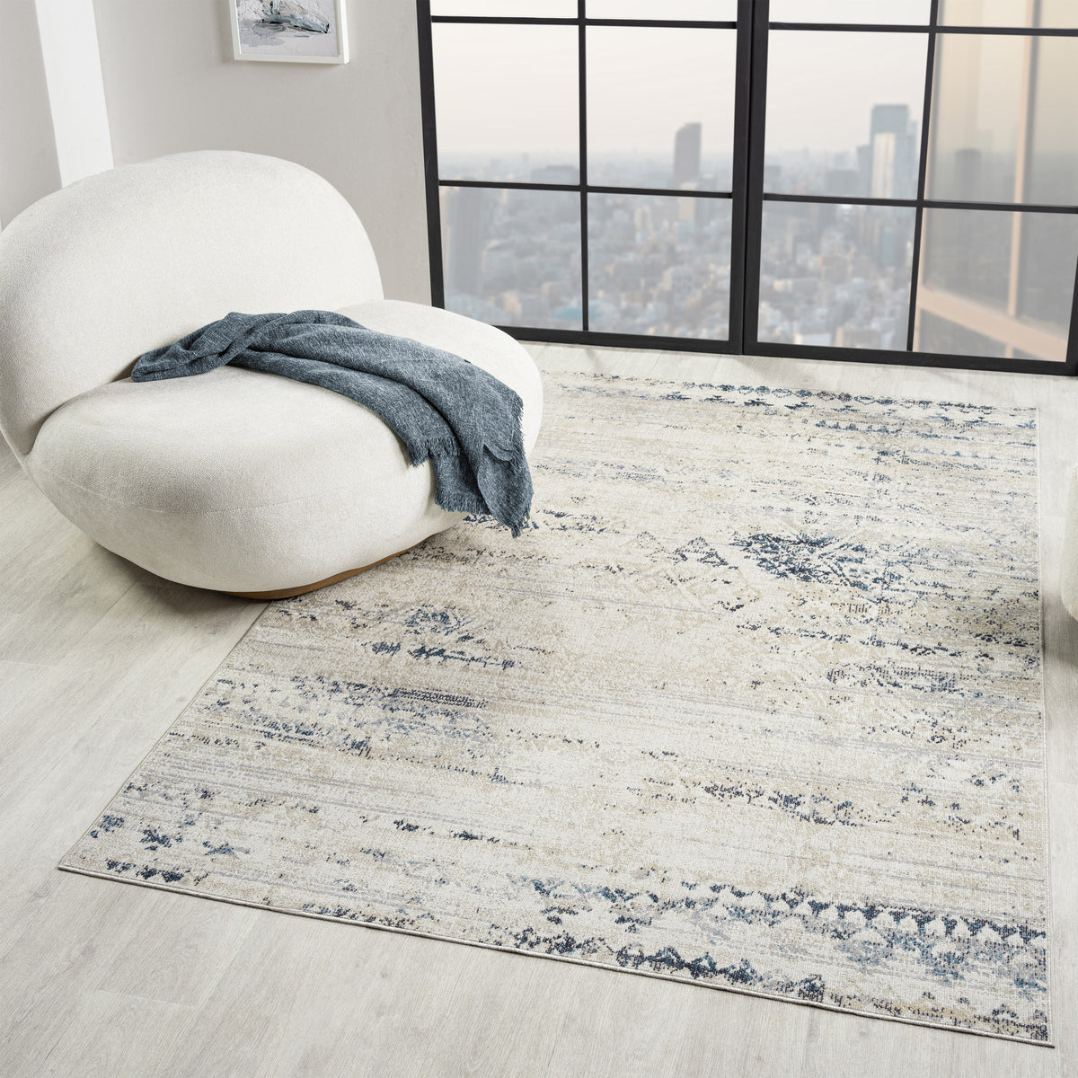 Ivory/Blue Classic Medallion Polyester Washable Indoor Area Rug - lifestyle view 2