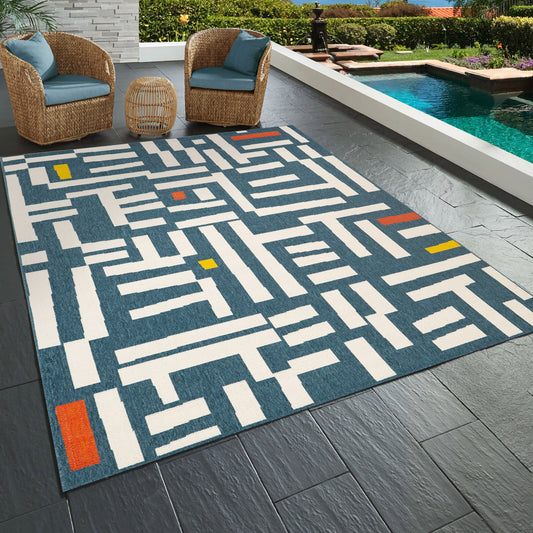 Mapa-82502 Bohemian/Eclectic Power-Loomed Navy/White Polypropylene Indoor/Outdoor Area Rug - LR Home