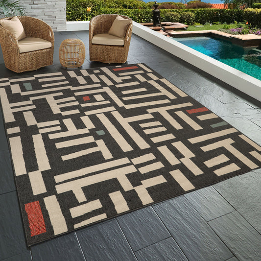 Mapa-82504 Bohemian/Eclectic Power-Loomed Black/Ivory Polypropylene Indoor/Outdoor Area Rug - LR Home