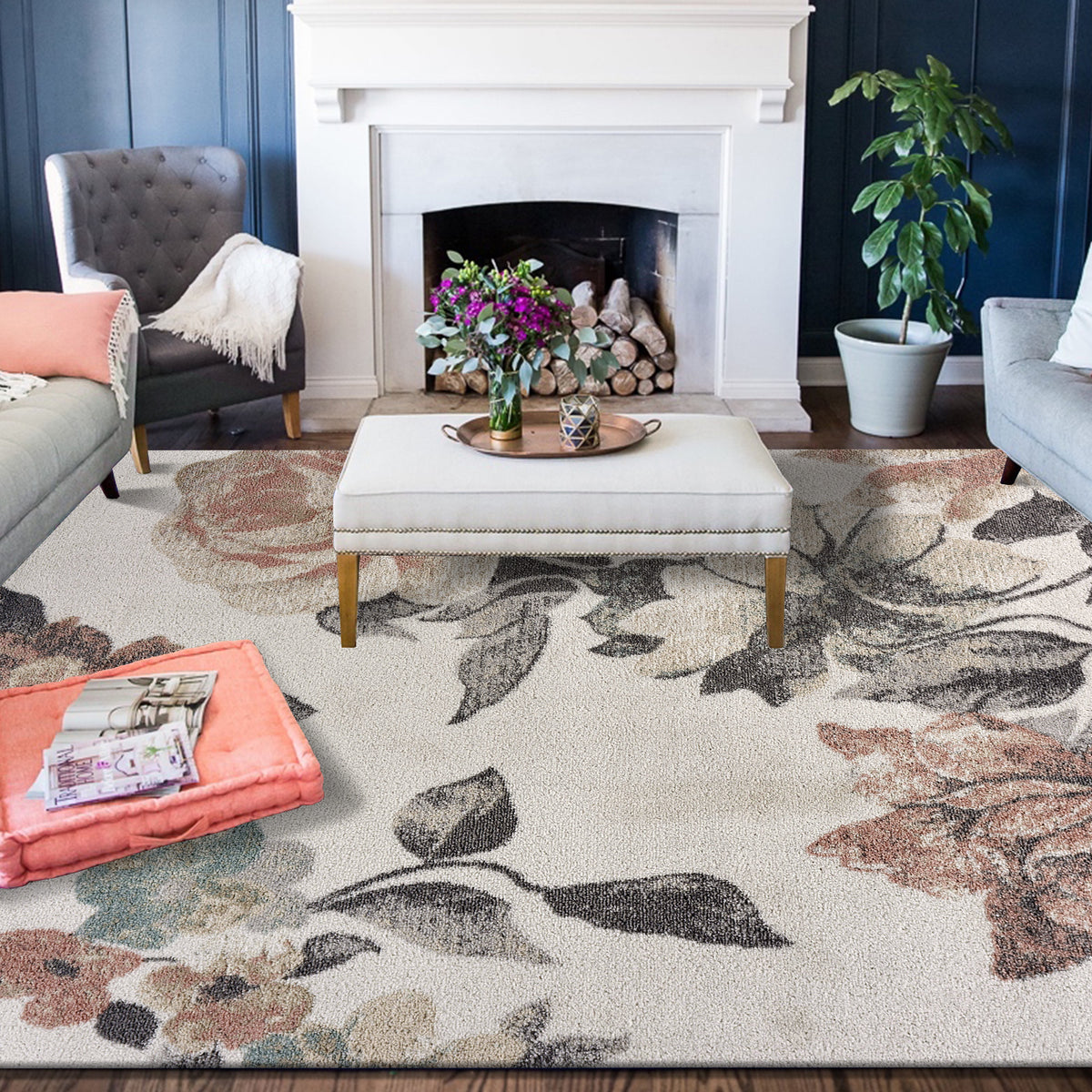 Ivory Rose Garden Area Rug - lifestyle view