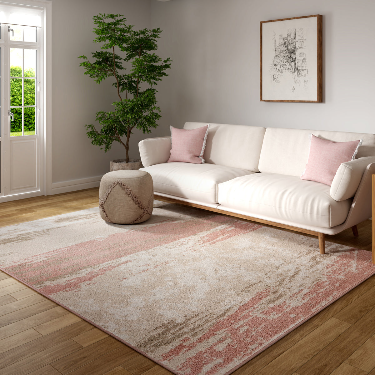 Abstract Blush Brushstroke Area Rug - lifestyle view