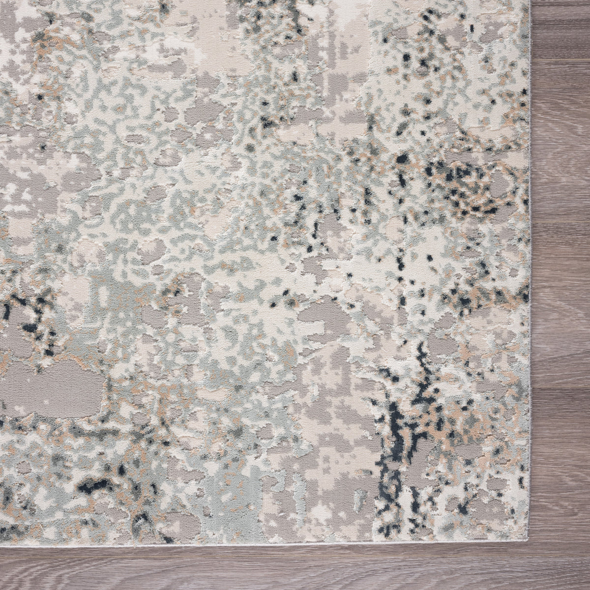 Neutral Distressed Abstract Contemporary Accent Rug - side angle view