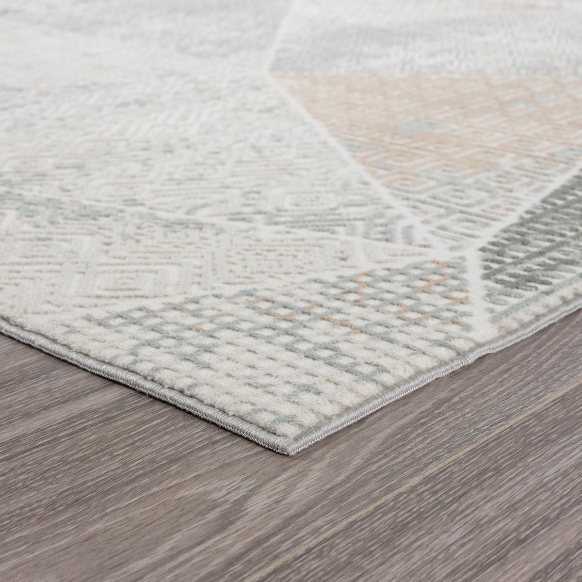 Neutral Distressed Diverse Geometric Contemporary Accent Rug - close-up detail