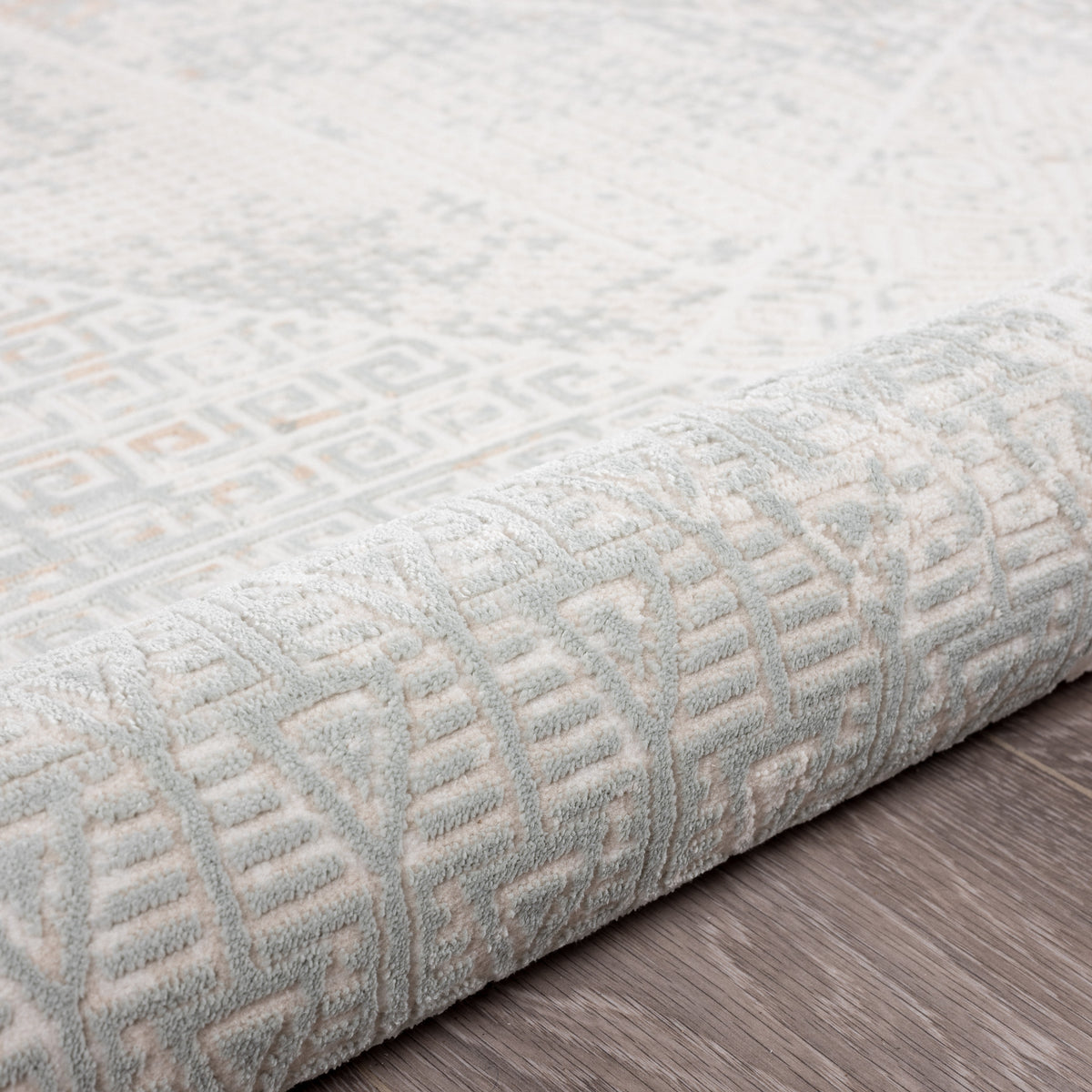 Neutral Distressed Diverse Geometric Contemporary Accent Rug - corner view