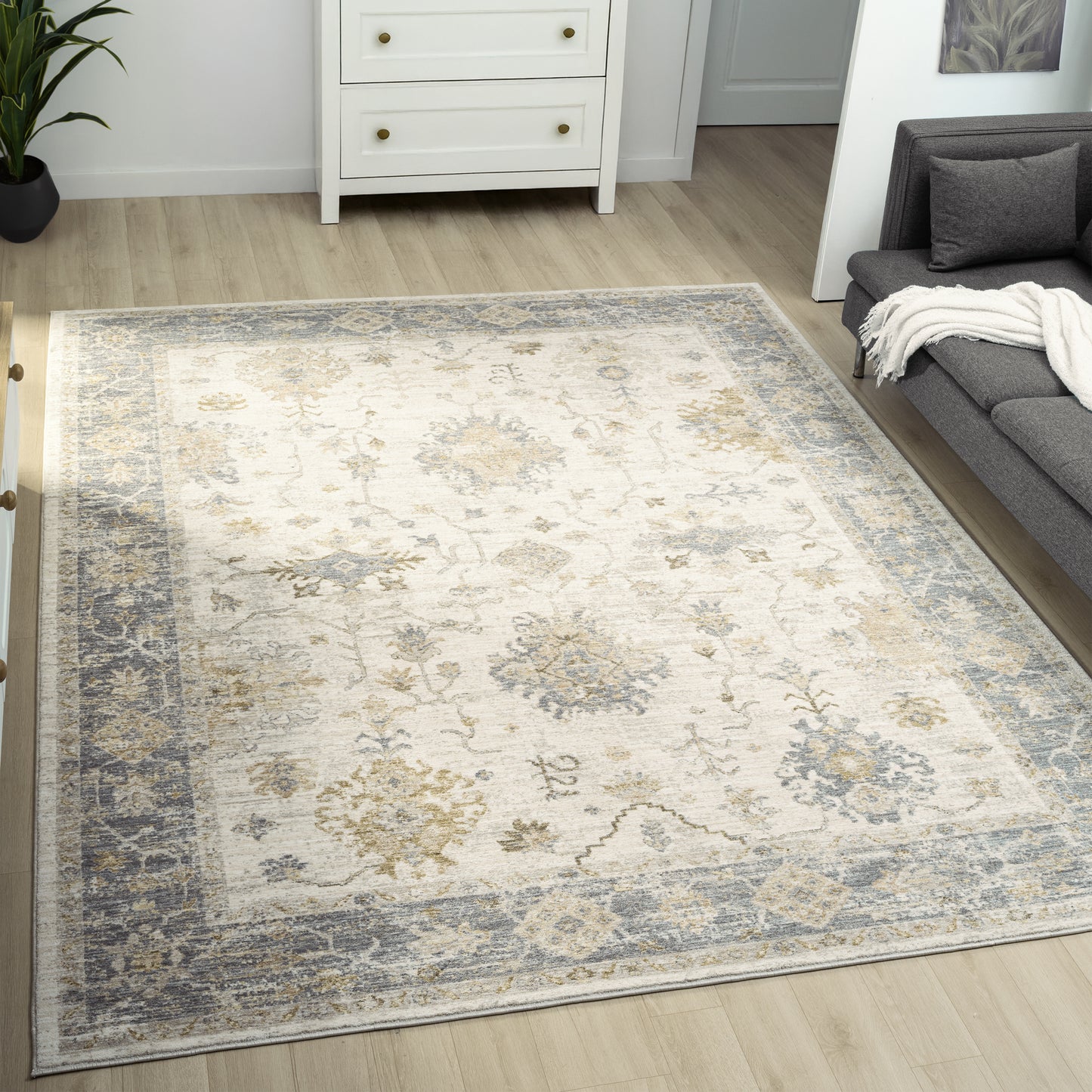 Miranda-82921 Farmhouse Power-Loomed Ivory/Blue Cotton Indoor Area Rug - LR Home
