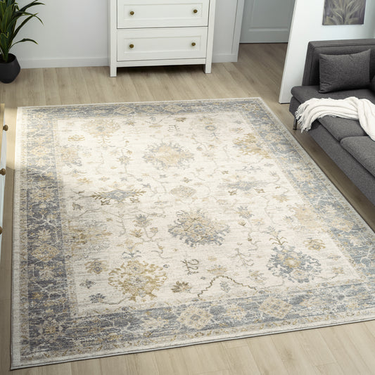 Miranda-82921 Farmhouse Power-Loomed Ivory/Blue Cotton Indoor Area Rug - LR Home