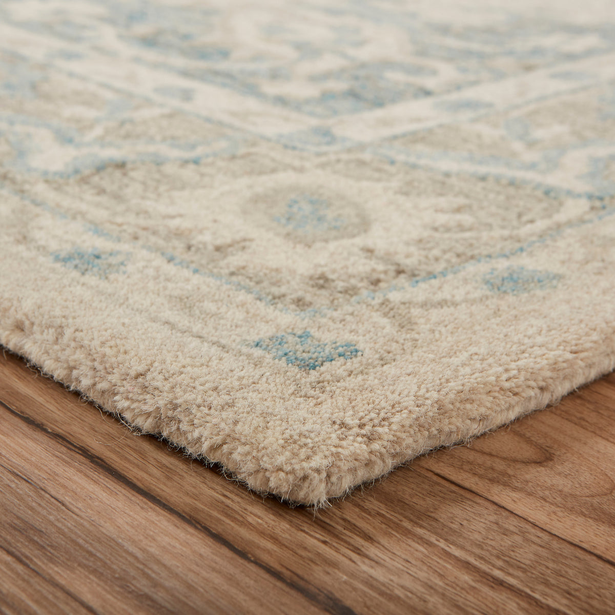 Turquoise Medallion Area Rug - side angle view