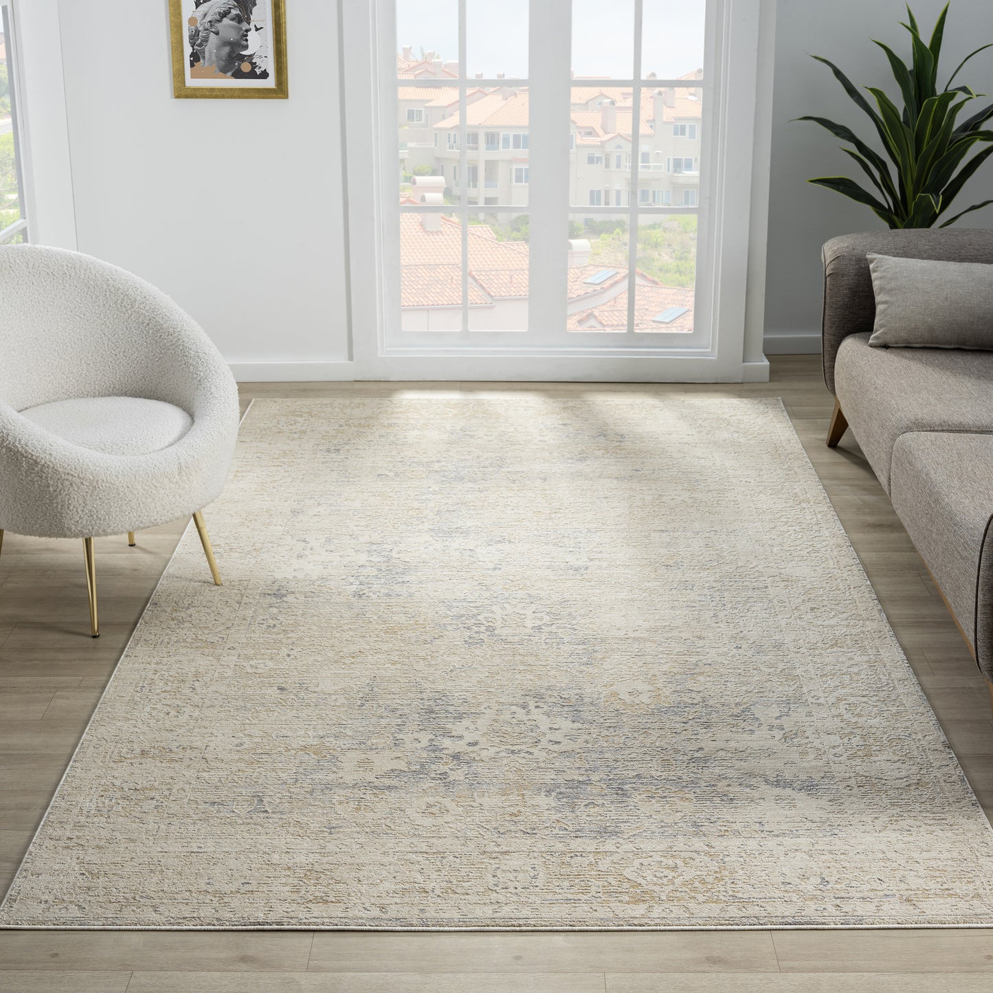 Monaco-82720 Traditional Power-Loomed Beige/Stone Blue Cotton Indoor Area Rug - LR Home