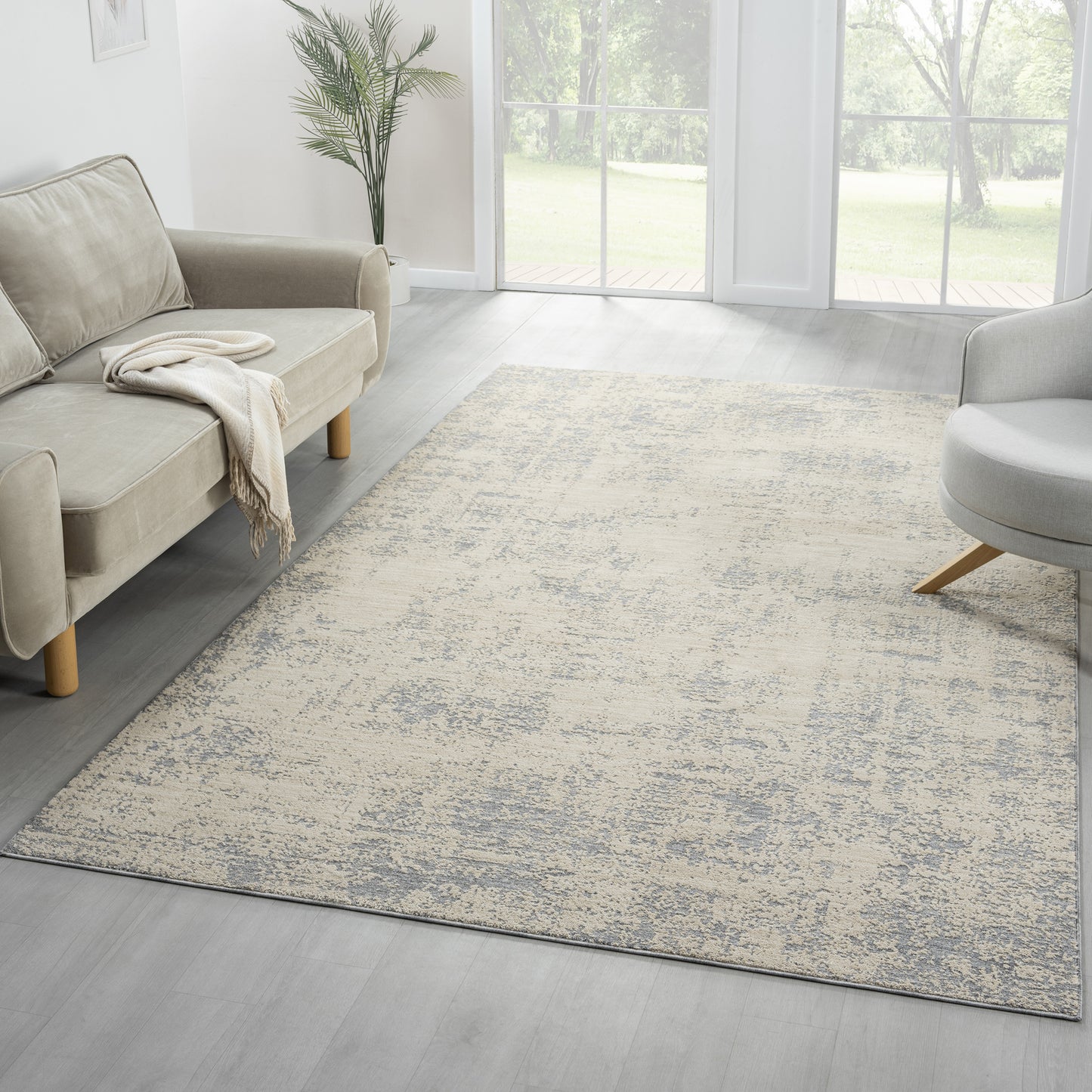 Monaco-82721 Transitional Power-Loomed Ivory/Stone Blue Cotton Indoor Area Rug - LR Home