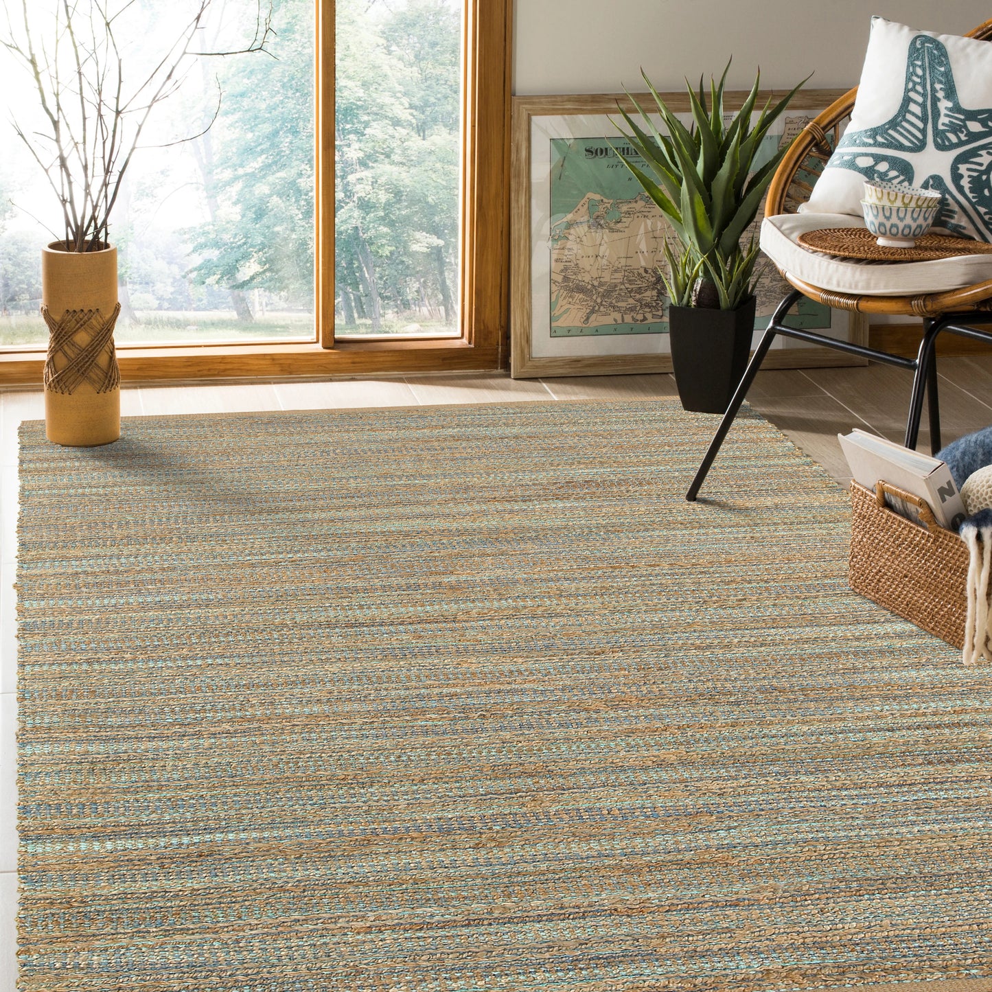 Natural Fiber-03314 Farmhouse Hand-Woven Tan/Teal/Gray Cotton Indoor Area Rug - LR Home
