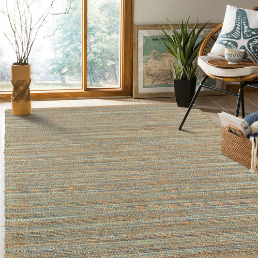 Natural Fiber-03314 Farmhouse Hand-Woven Tan/Teal/Gray Cotton Indoor Area Rug - LR Home