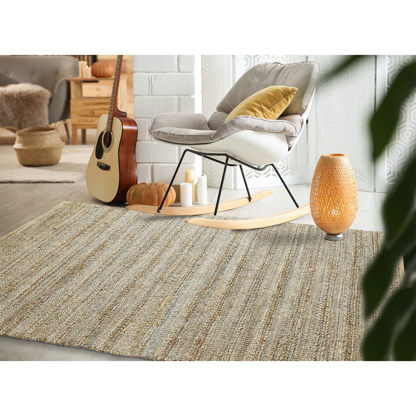 Natural Fiber-03314 Farmhouse Hand-Woven Tan/Teal/Gray Cotton Indoor Area Rug - LR Home