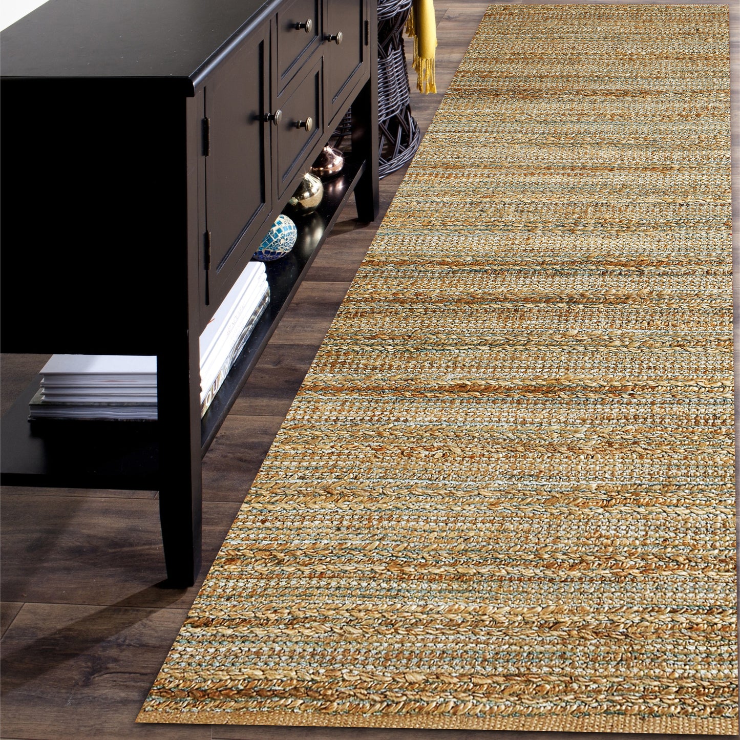 Natural Fiber-03314 Farmhouse Hand-Woven Tan/Teal/Gray Cotton Indoor Area Rug - LR Home