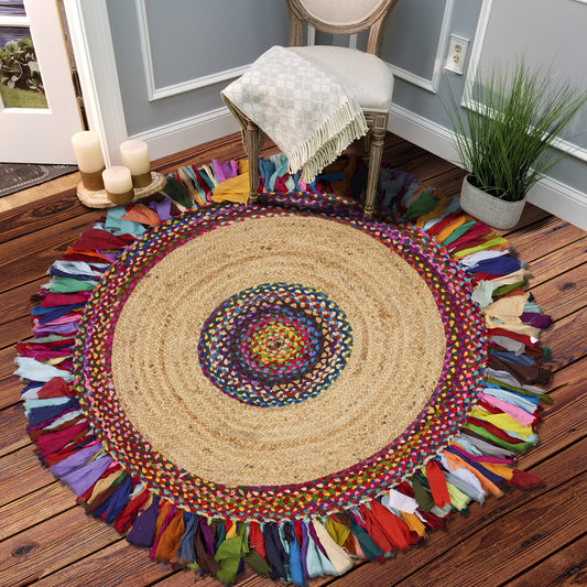 Boutique Jute-03327 Bohemian/Eclectic Hand-Braided Rainbow Self-Backed Indoor Area Rug - LR Home