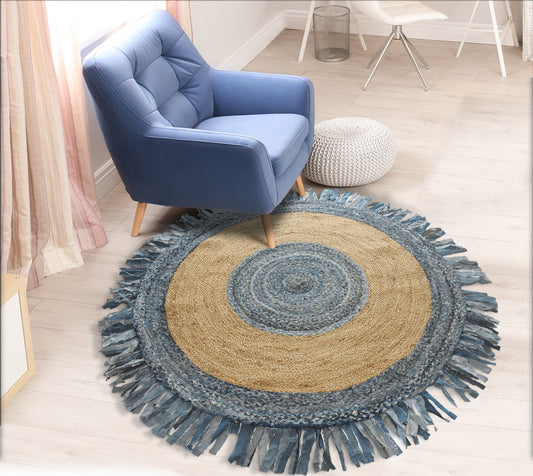 Boutique Jute-03380 Bohemian/Eclectic Hand-Braided Denim Blue Self-Backed Indoor Area Rug - LR Home
