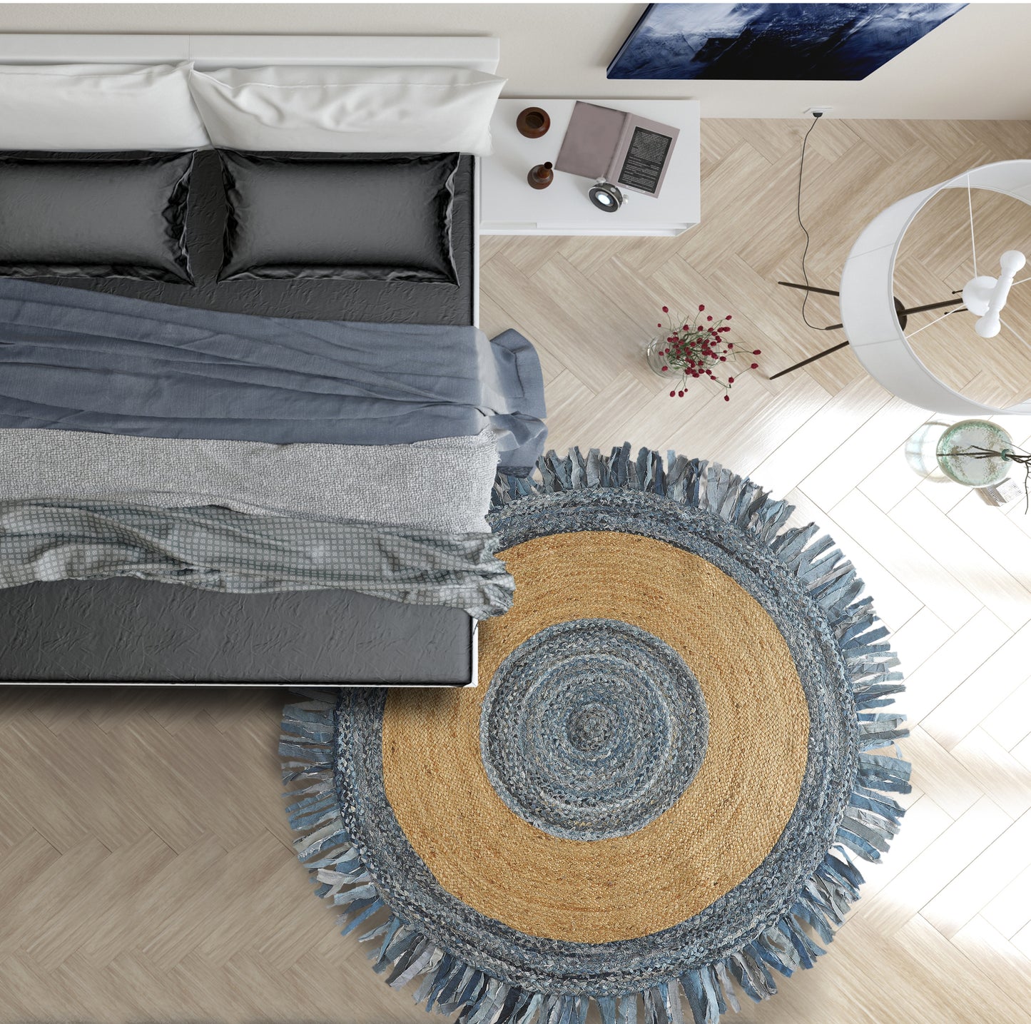 Boutique Jute-03380 Bohemian/Eclectic Hand-Braided Denim Blue Self-Backed Indoor Area Rug - LR Home