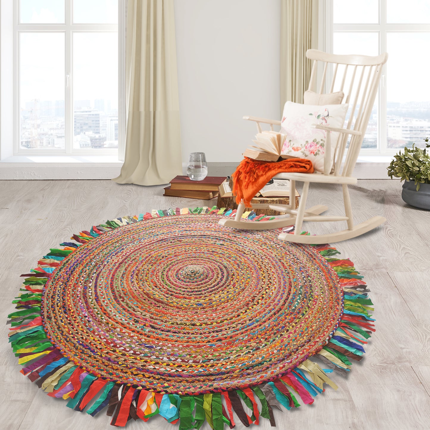 Boutique Jute-03382 Bohemian/Eclectic Hand-Braided Rainbow Self-Backed Indoor Area Rug - LR Home