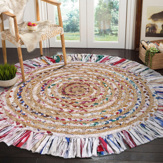 Boutique Jute-03383 Bohemian/Eclectic Hand-Braided Pastel Rainbow Self-Backed Indoor Area Rug - LR Home