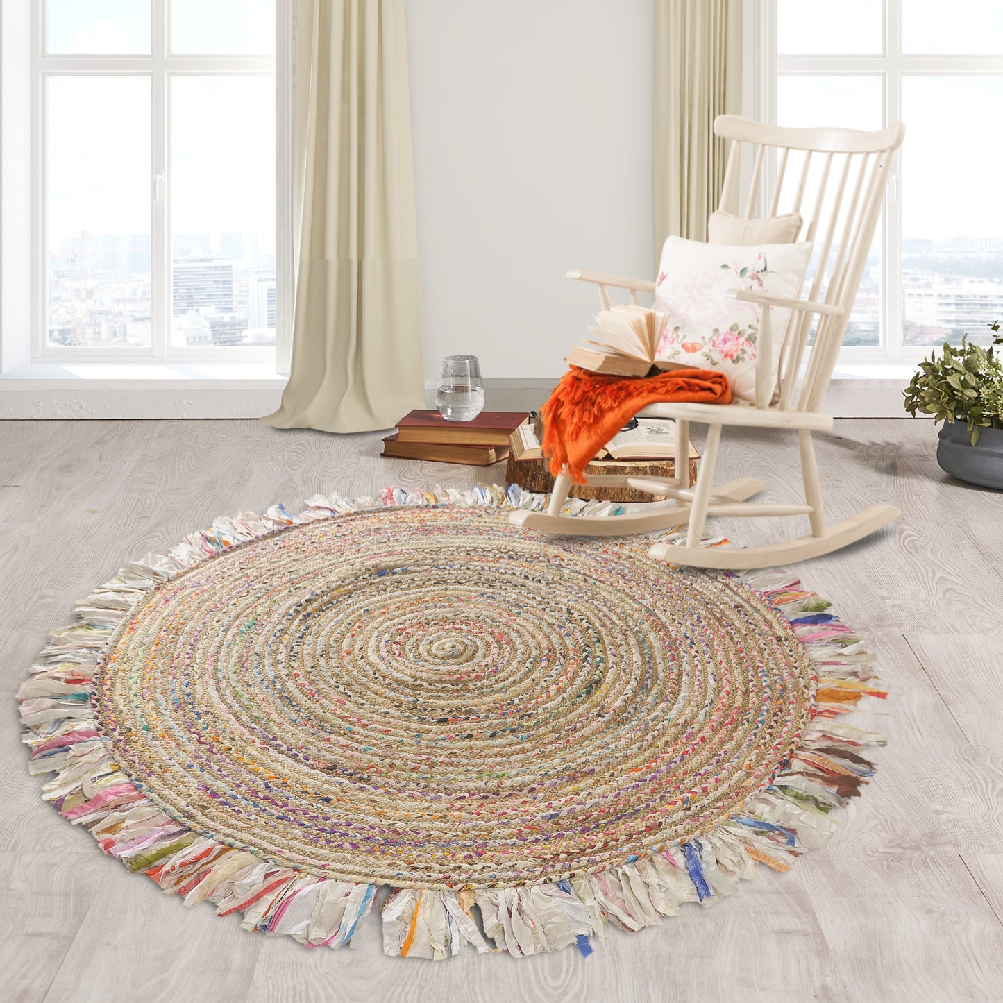 Boutique Jute-03383 Bohemian/Eclectic Hand-Braided Pastel Rainbow Self-Backed Indoor Area Rug - LR Home