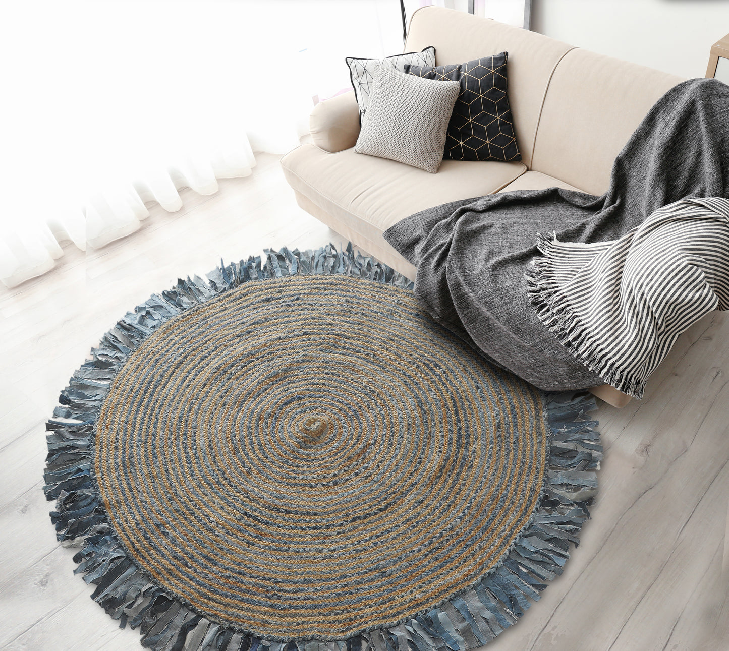 Boutique Jute-03384 Bohemian/Eclectic Hand-Braided Denim Blue Self-Backed Indoor Area Rug - LR Home