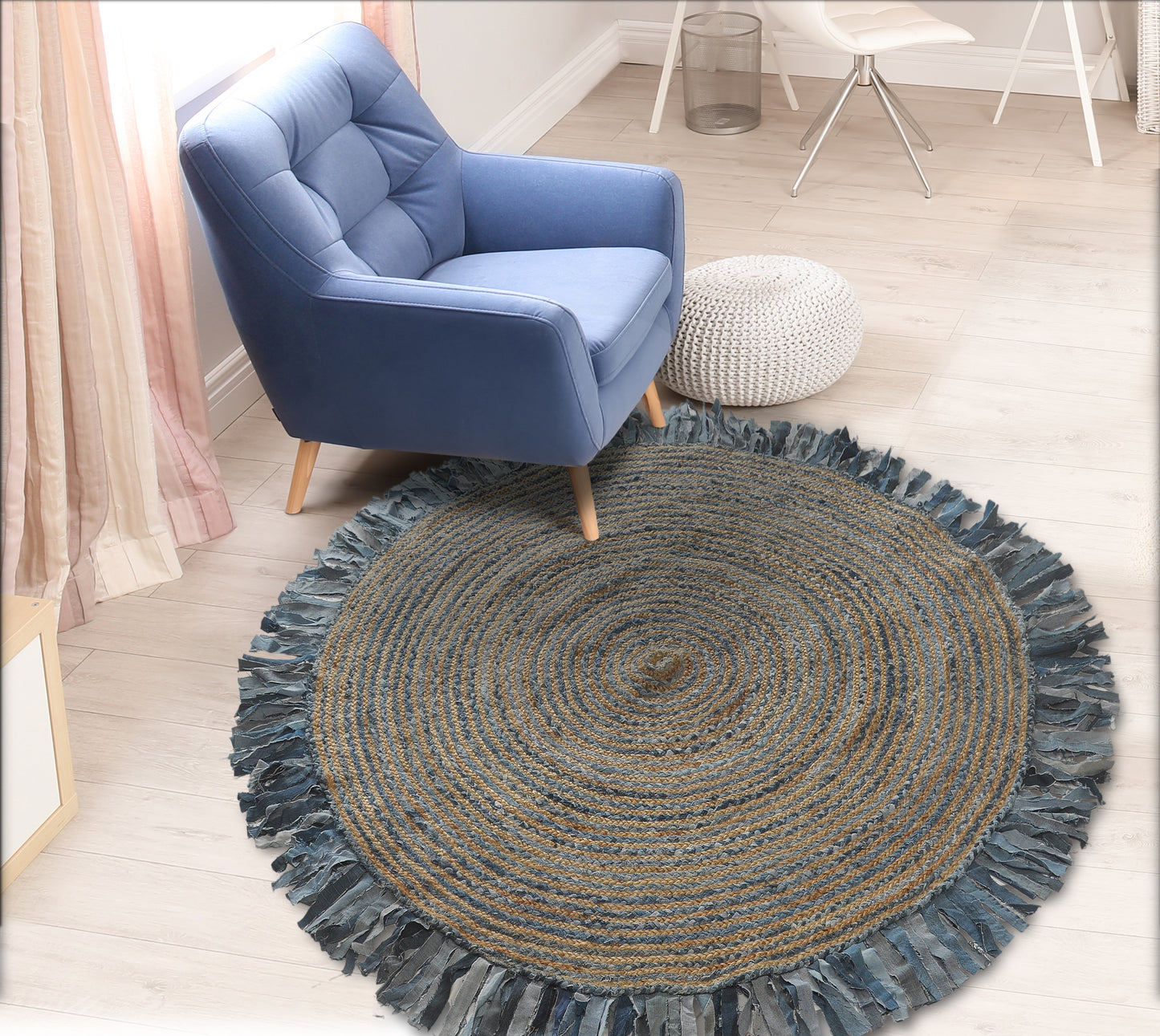 NATUR-03382 Bohemian/Eclectic Hand-Woven Denim Blue/Natural Cotton Blend Indoor Area Rugs - LR Home