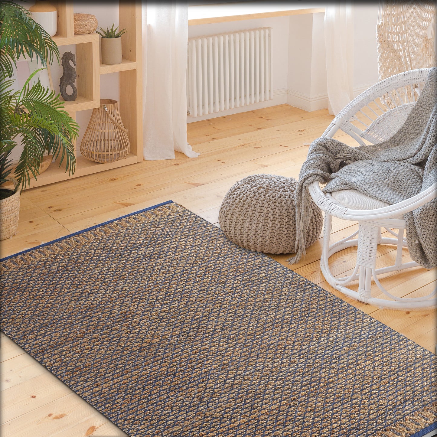 Natural Fiber-03388 Coastal Hand-Woven Tan/Blue Cotton Indoor Area Rug - LR Home