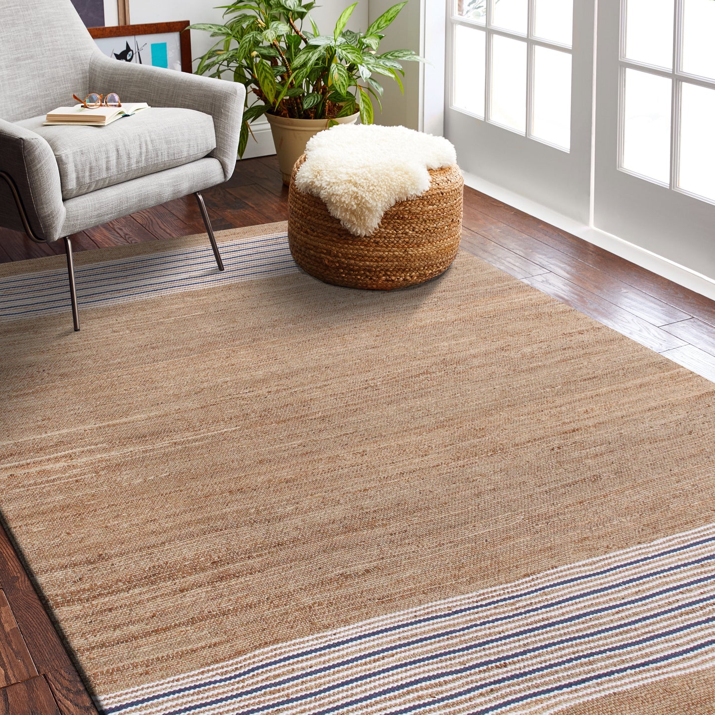 Hampton-03392 Coastal Hand-Woven Tan/Blue Cotton Indoor Area Rug - LR Home