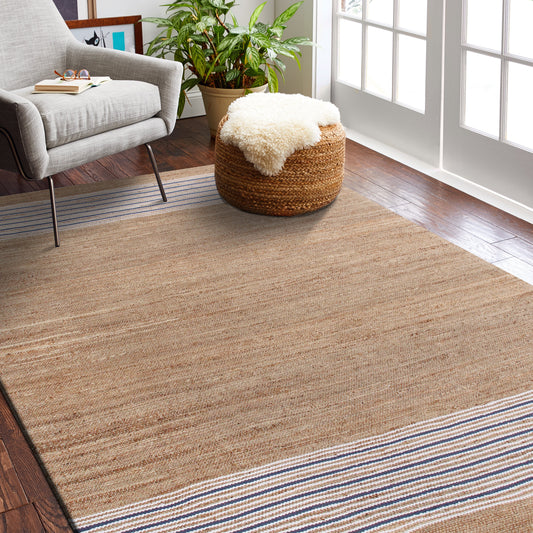 Hampton-03392 Coastal Hand-Woven Tan/Blue Cotton Indoor Area Rug - LR Home