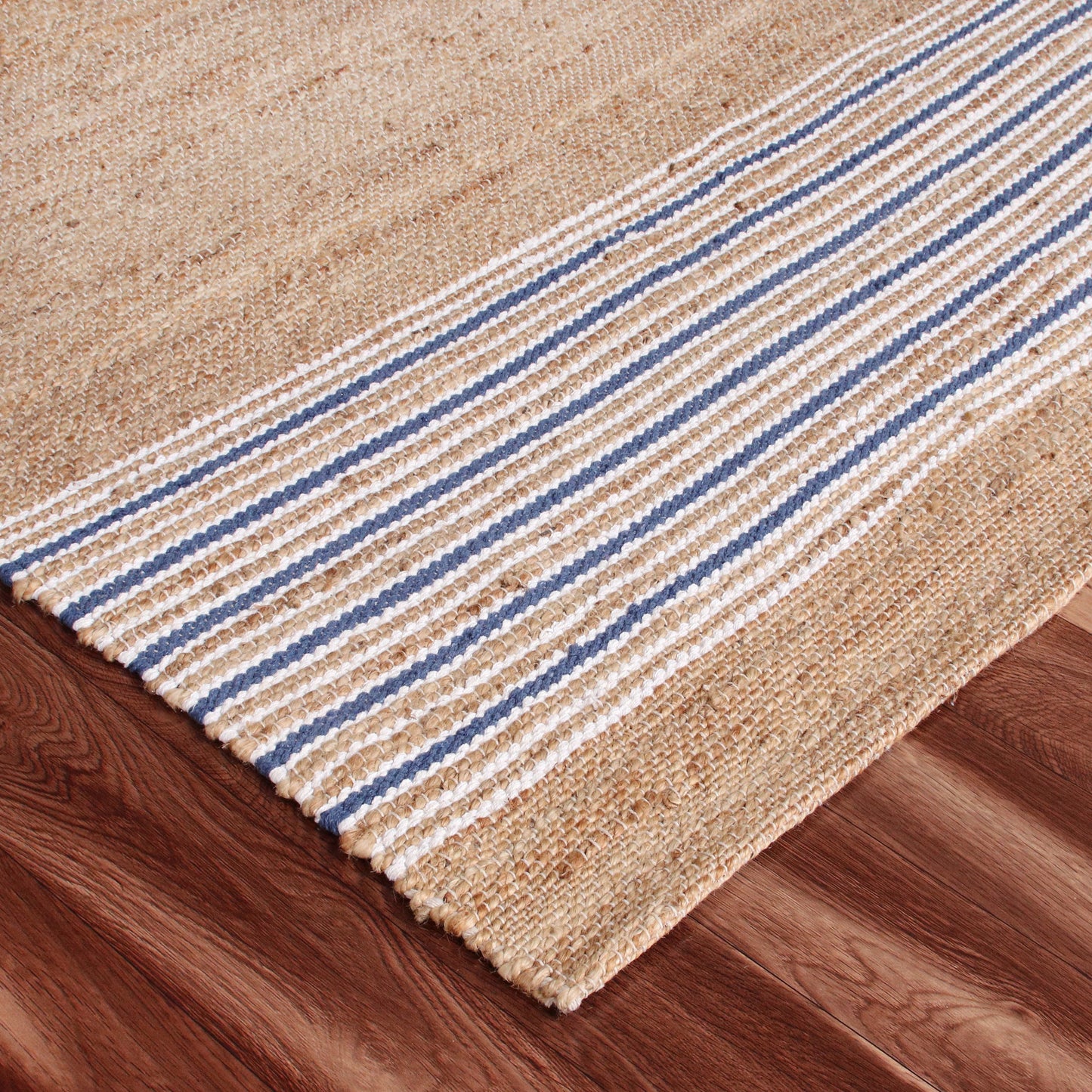 NATUR-03392 Nautical/Coastal Hand-Woven Tan/Blue/White Jute Blend Indoor Area Rugs - LR Home