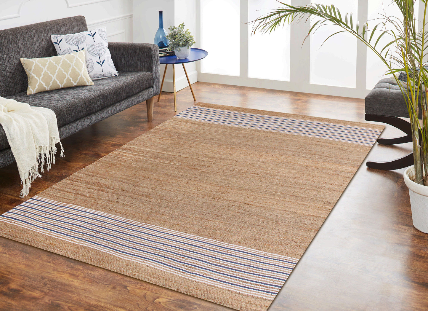 NATUR-03392 Nautical/Coastal Hand-Woven Tan/Blue/White Jute Blend Indoor Area Rugs - LR Home