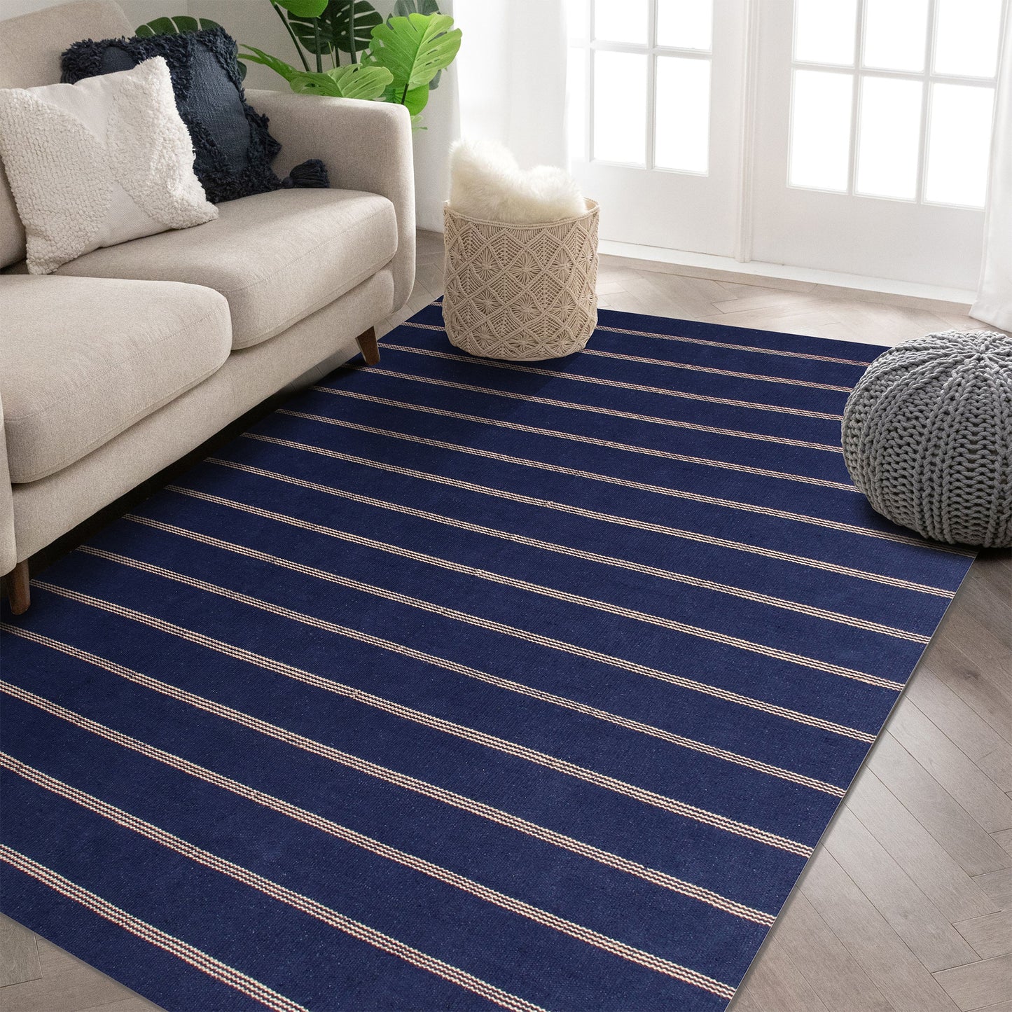Hampton-03396 Coastal Hand-Woven Navy Blue/Tan Cotton Indoor Area Rug - LR Home