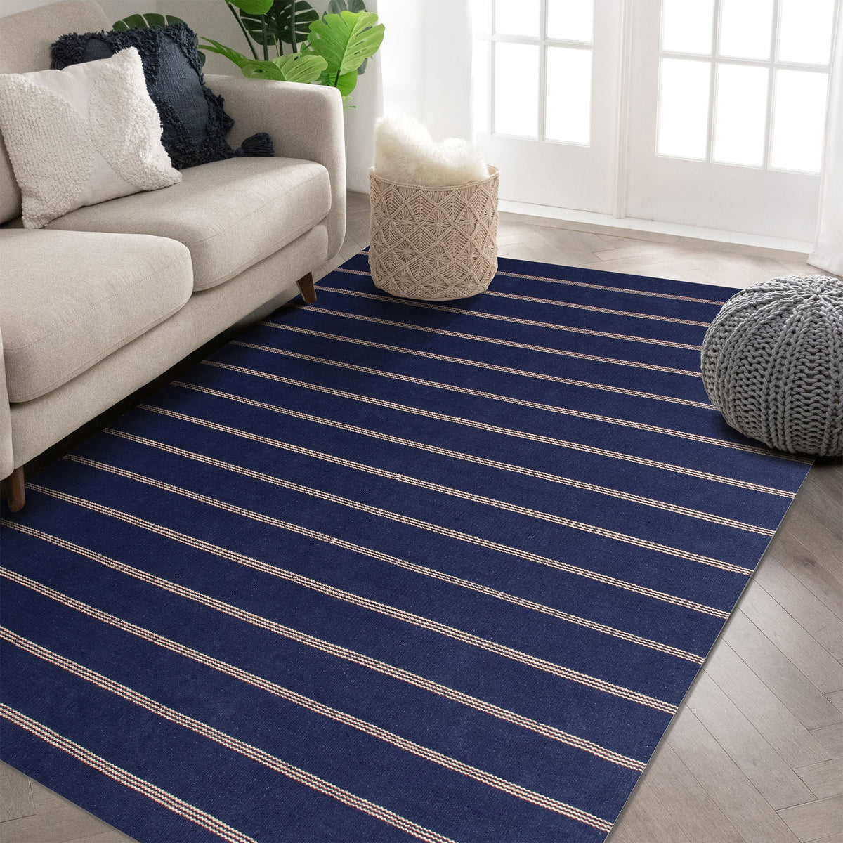 Navy Striped Handwoven Jute Area Rug - lifestyle view
