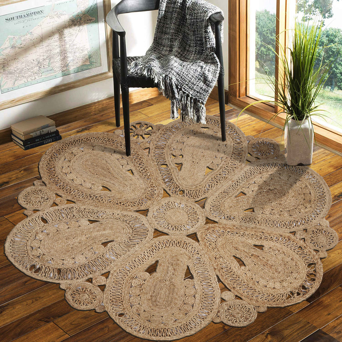 Ox Bay Natural Contemporary Floral All-Natural Jute Indoor Round Area Rug - lifestyle view