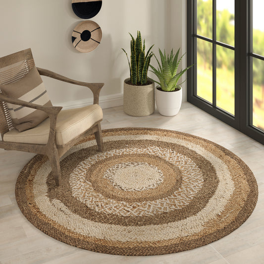 Ox Bay Natural Ivory/Brown Contemporary Bold Stripes All-Natural Jute Indoor Round Area Rug - lifestyle view
