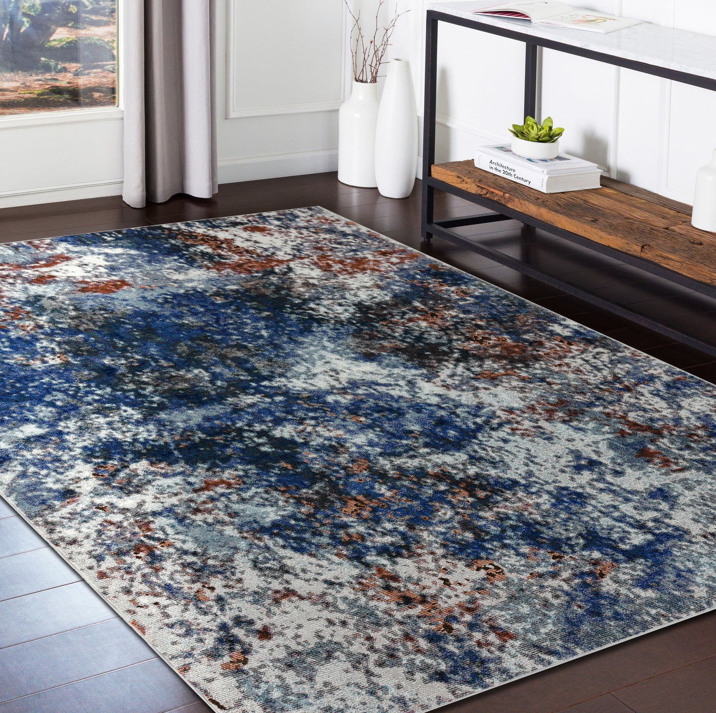 Nimbus-81831 Modern Power-Loomed Dark Blue/Copper/White/Gray Cotton Indoor Area Rug - LR Home