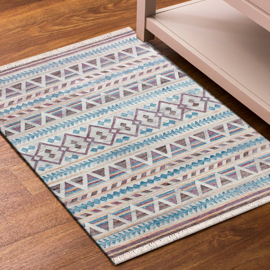 Nimroz-81980 Bohemian/Eclectic Hand-Woven Gray/Tan/Blue/Purple Cotton Indoor Area Rug - LR Home