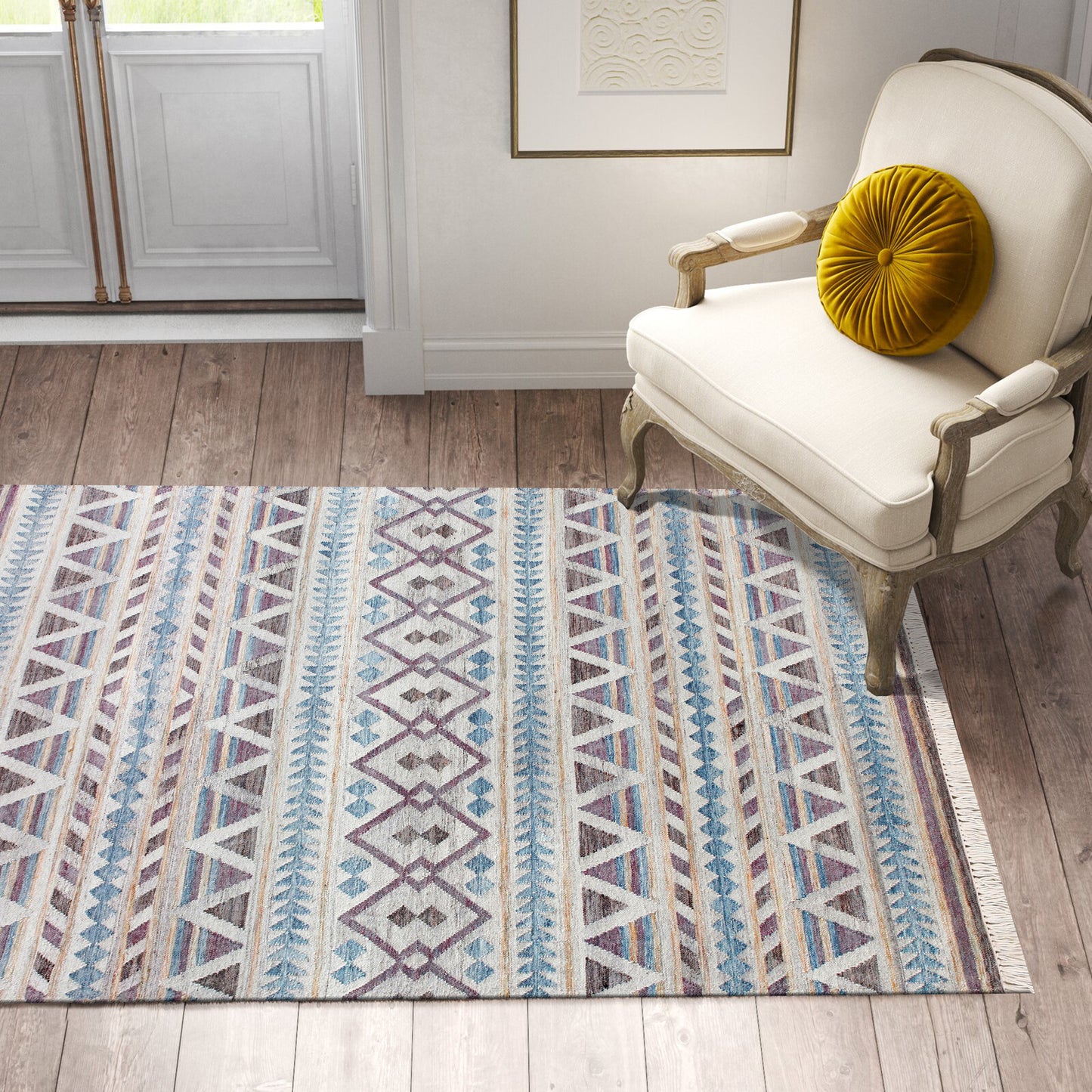 Nimroz-81980 Bohemian/Eclectic Hand-Woven Gray/Tan/Blue/Purple Cotton Indoor Area Rug - LR Home
