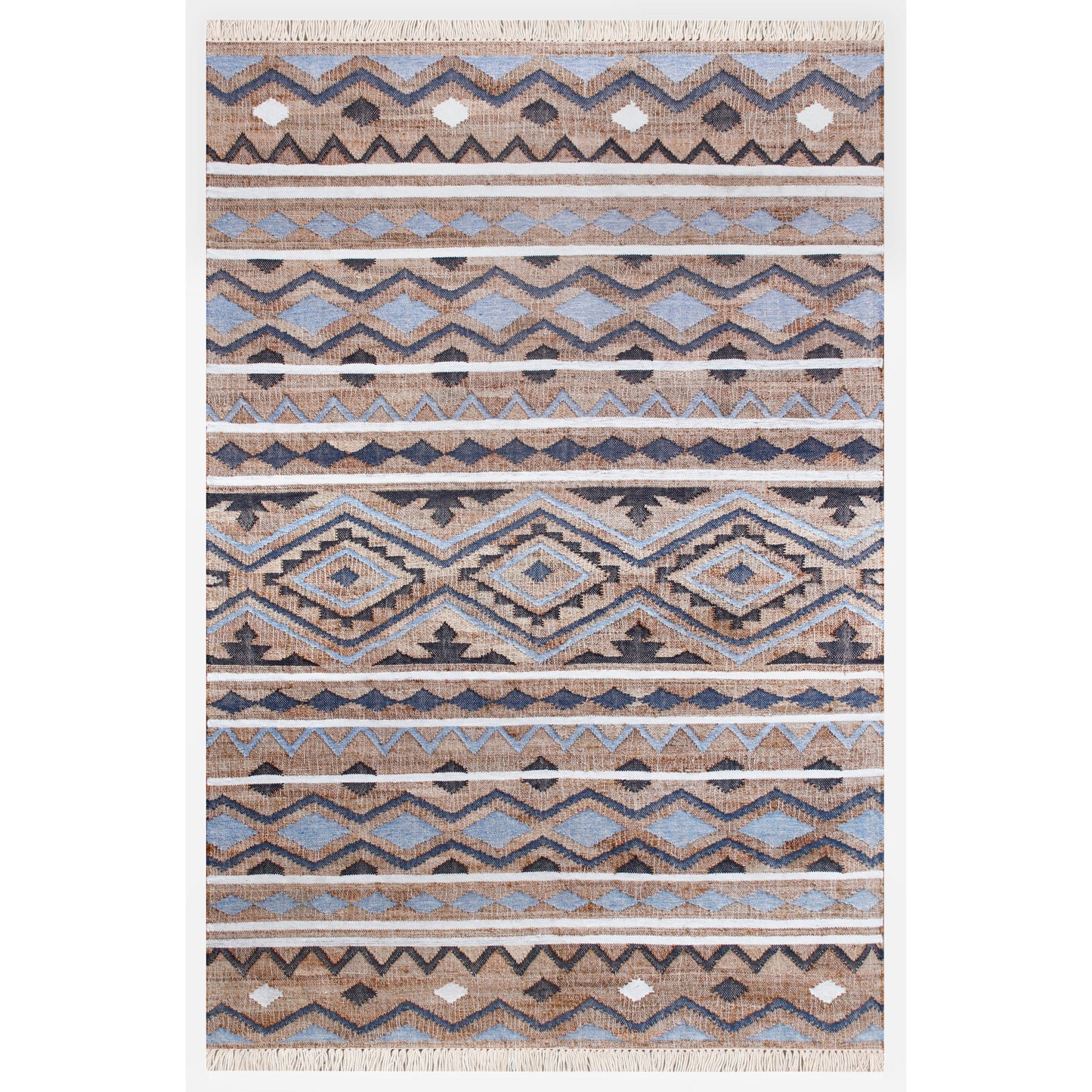 NMROZ-81981 Nautical/Coastal Hand-Woven Tan/Light Blue/Navy/White Jute Blend Indoor Area Rugs - LR Home