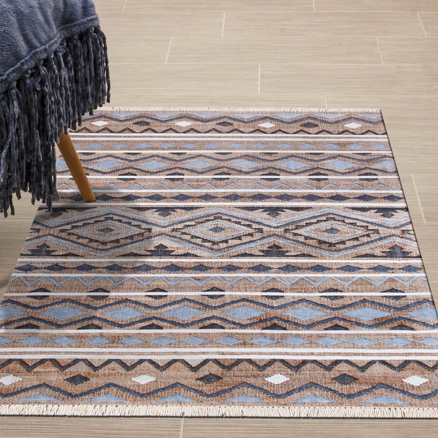 Nimroz-81981 Bohemian/Eclectic Hand-Woven Tan/Light Blue/Navy/White Cotton Indoor Area Rug - LR Home