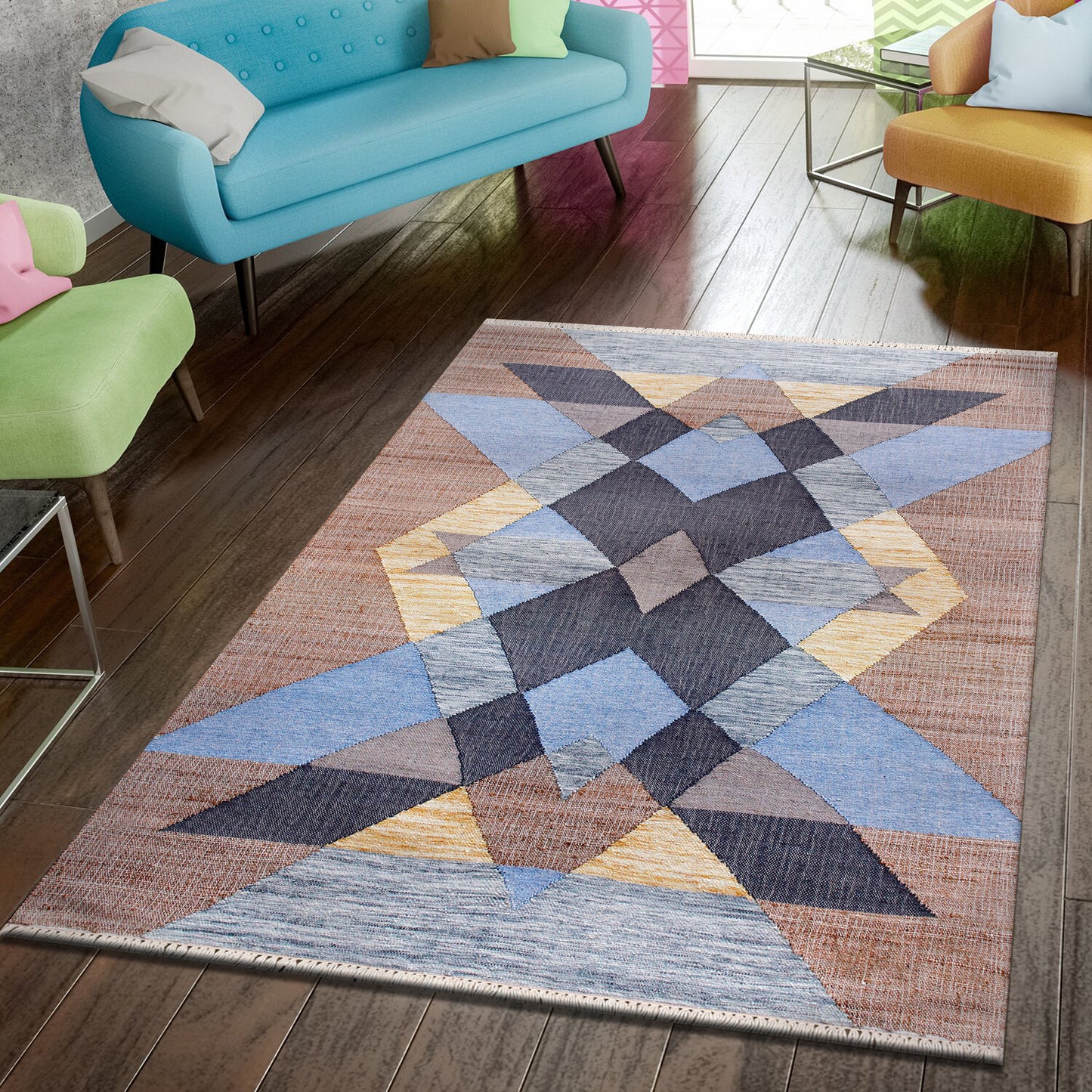 Nimroz-81982 Southwestern Hand-Woven Tan/Light Blue/Navy/Yellow Cotton Indoor Area Rug - LR Home