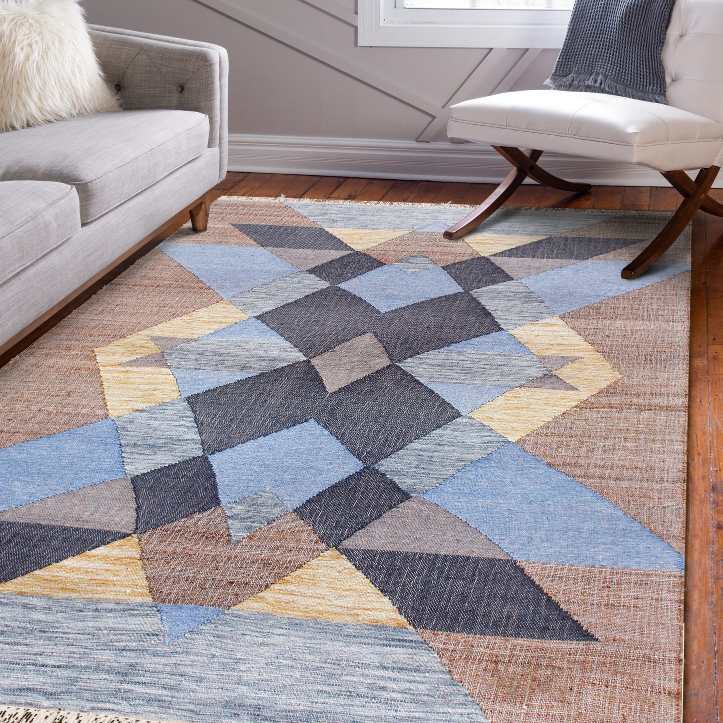 Nimroz-81982 Southwestern Hand-Woven Tan/Light Blue/Navy/Yellow Cotton Indoor Area Rug - LR Home