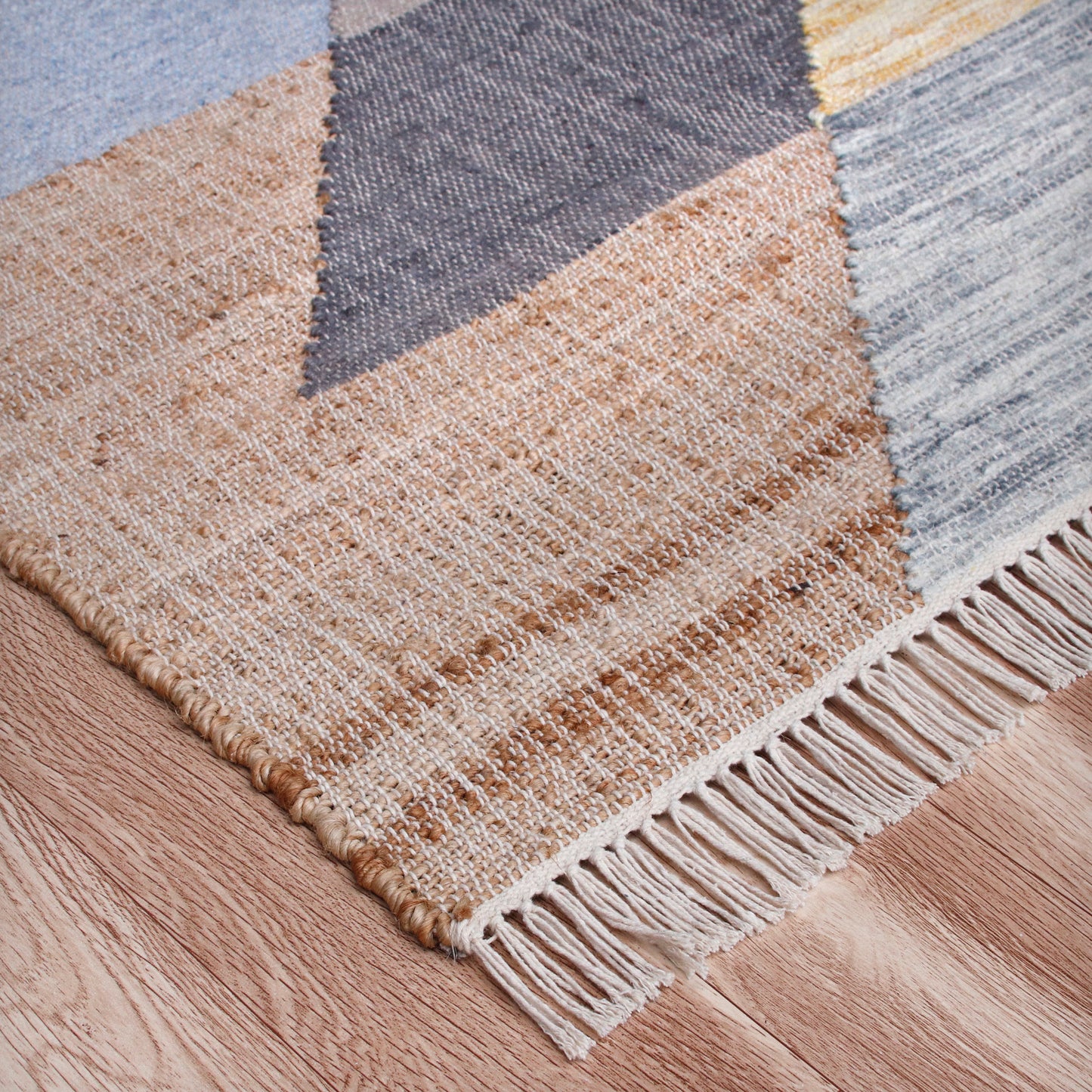 NMROZ-81982 Modern/Contemporary Hand-Woven Tan/Light Blue/Navy/Yellow Jute Blend Indoor Area Rugs - LR Home