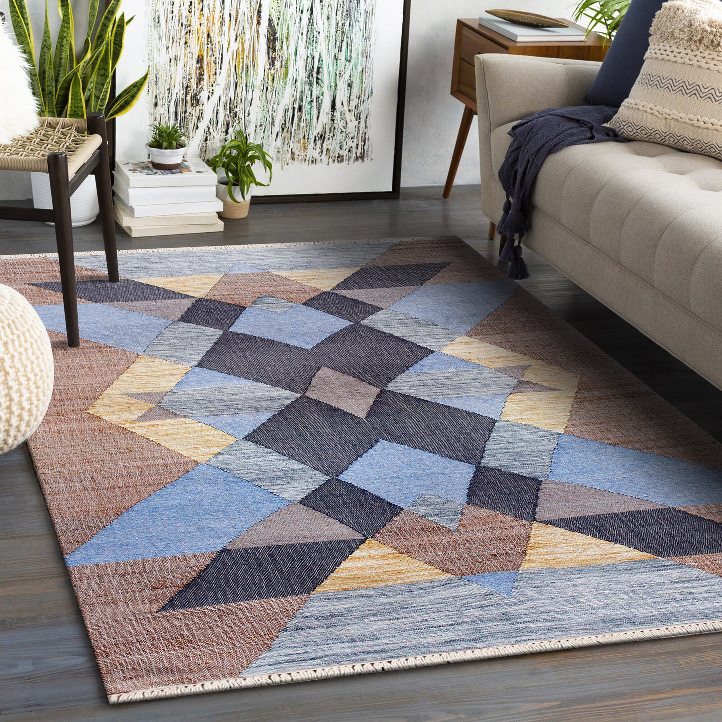 NMROZ-81982 Modern/Contemporary Hand-Woven Tan/Light Blue/Navy/Yellow Jute Blend Indoor Area Rugs - LR Home