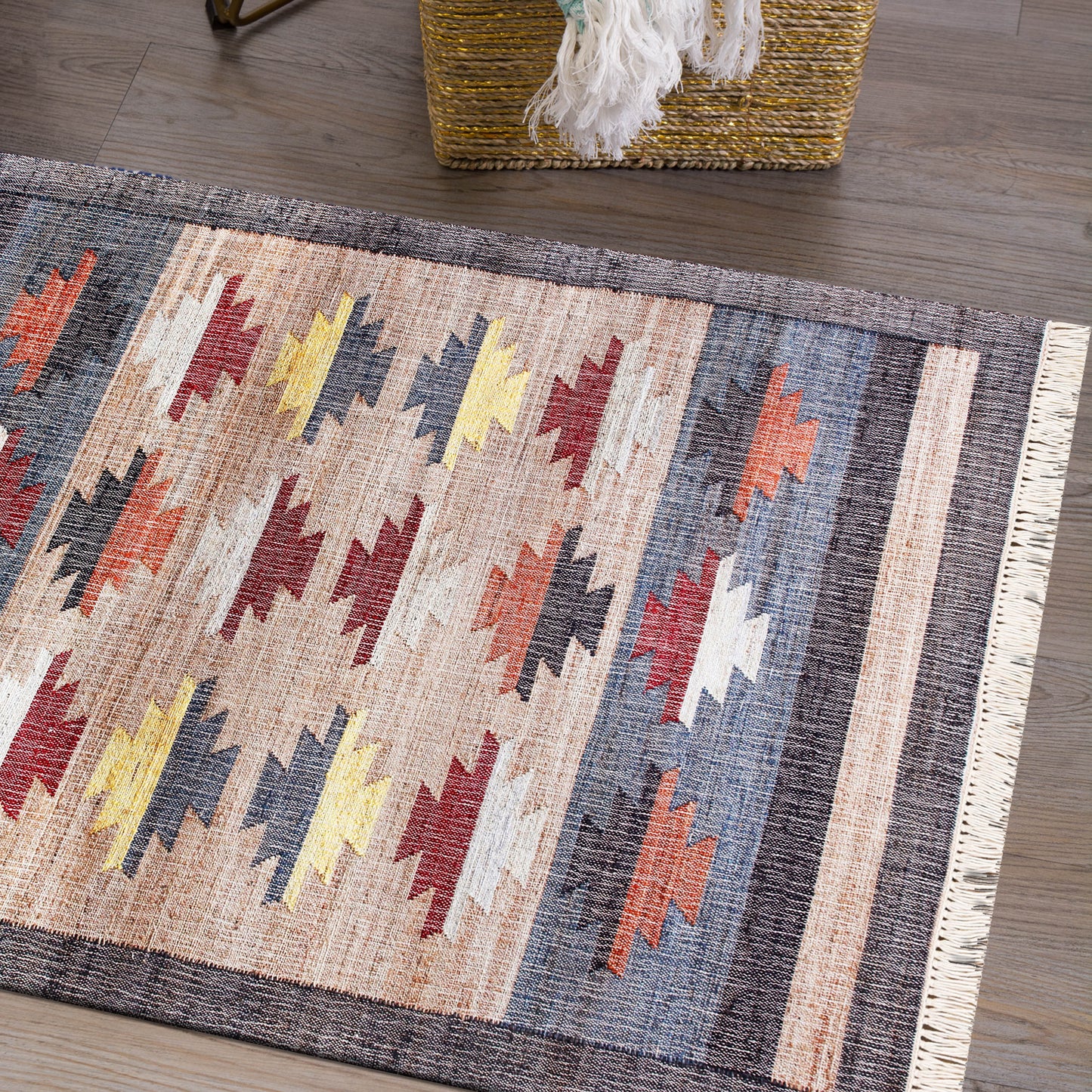 Nimroz-81983 Southwestern Hand-Woven Tan/Gray/Blue/Multi Cotton Indoor Area Rug - LR Home