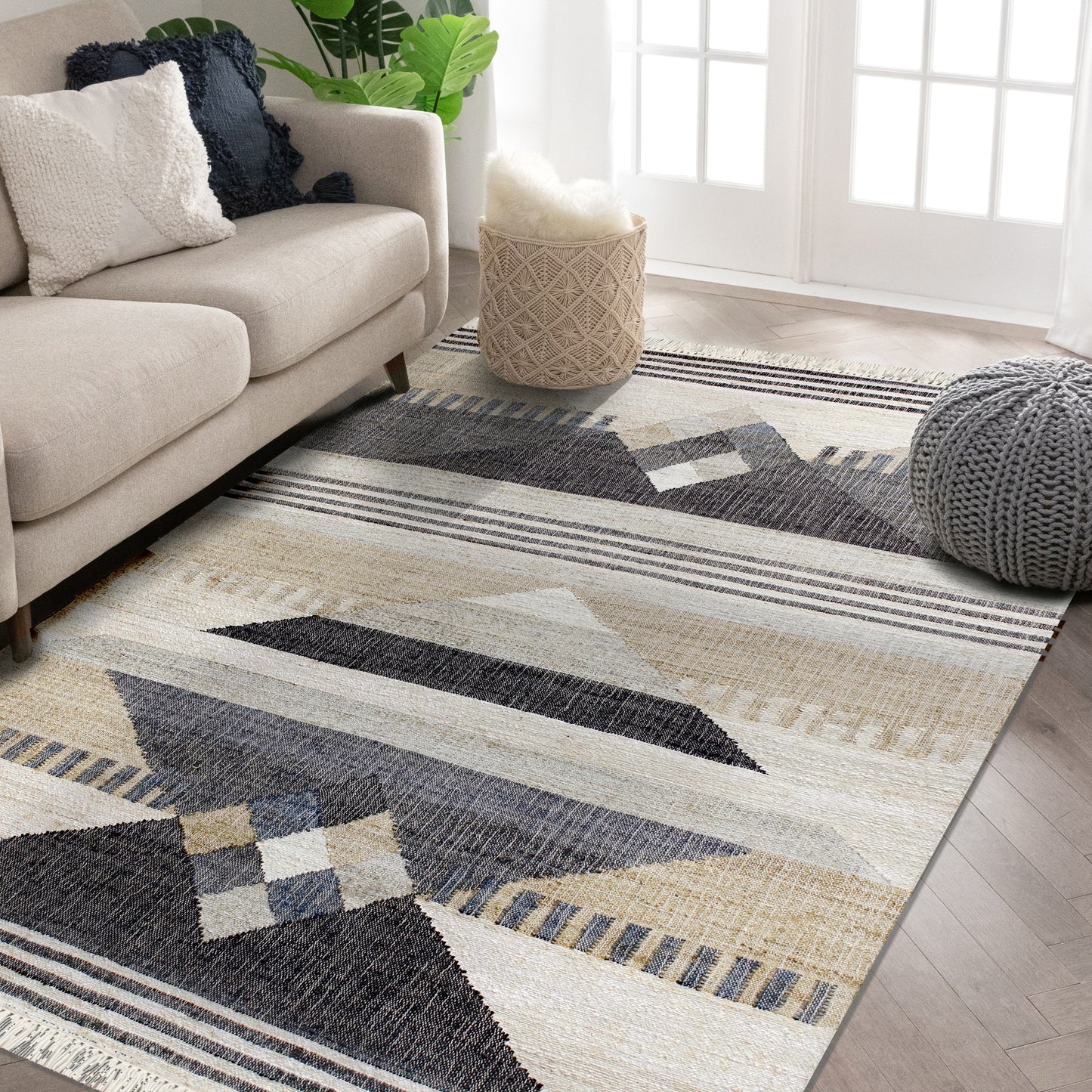 Nimroz-81984 Rustic Hand-Woven Tan/Black/Blue/Gray/White Cotton Indoor Area Rug - LR Home